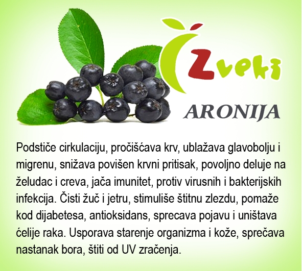 Zveki zr Aronija Podstiče cirkulaciju, pročišćava krv, ublažava glavobolju i migrenu, snižava povišen pritisak, povoljno deluje na želudac i creva, jača imunitet, protiv virusnih i bakterijskih infekcija. Čisti đič i jetru, stimuliše štitnu žlezdu, pomaže kod dijabetesa, antioksidans, sprečava pojavu i uništava ćelije raka. Usporava starenje organizma i kože,  sprečava nastanak bora, štiti od UV zračenja.